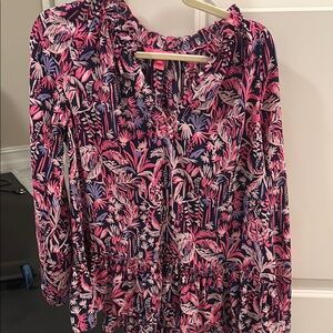 Lilly Pulitzer Ruffled Pink and Blue Long Sleeve Blouse